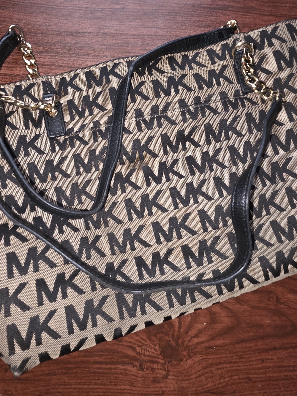 Michael Kors Black and Beige MK Logo Chain-Handle Tote
